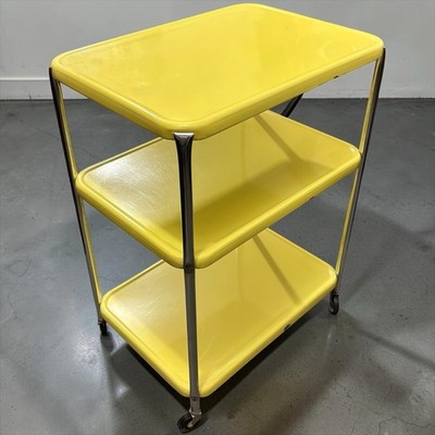 ビンテージ、コスコ社製、キッチンカート、ミッドセンチュリー、cosco、ワゴン Vintage Mid Century Cosco 3 Tier Shelf Yellow Enamel Metal Rolling