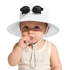 UPF 50 Baby Girls Boys Sun Hat with Sunglasses Whistle Sun 0-6 Months White