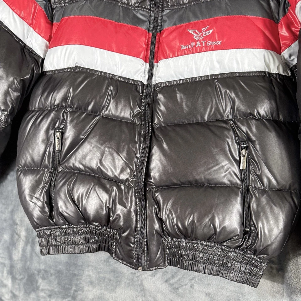 Vintage Triple Fat Sz L Goose Down Filled Jacket Puffer Black Red Hood Missing - Image 3 of 4