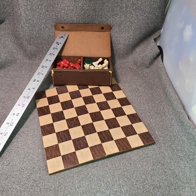 Vintage Small MCM Travel Chess Set Leather Snapping Case, Ted & Cream Pieces
