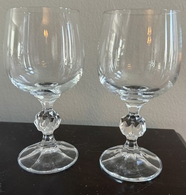 2 Claudia Wine Glasses Diamond Ball Stem Crystal Vintage Import Assoc BohemiaEUC