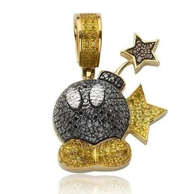 1.90Ct Round Cut Black Moissanite Men's Mario Bomb Pendant 14KYellow Gold Plated