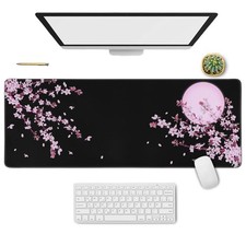 Cherry Blossom Floral Mouse Pad Black XL, Extended Large Mouse Pad, Kawaii Pi...