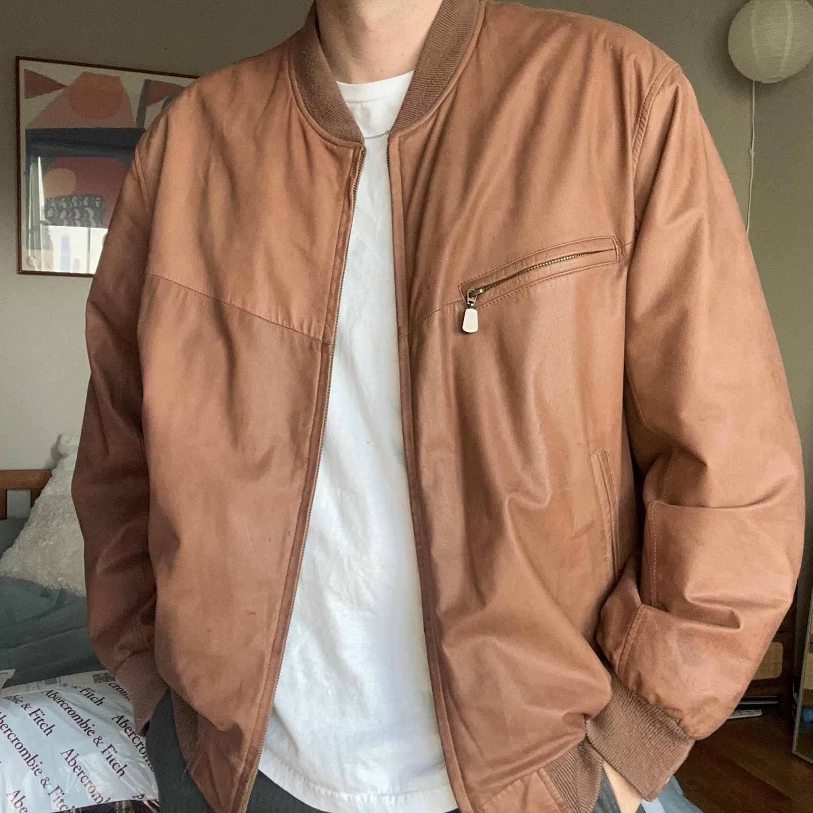 Men's Authentic Leather Bomber Jacket - Light Brown - Size 54 / XL