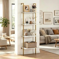 Ladder Shelf 4 Tiers Metal Industrial Bookshelf,White Marble Wood Tall Open