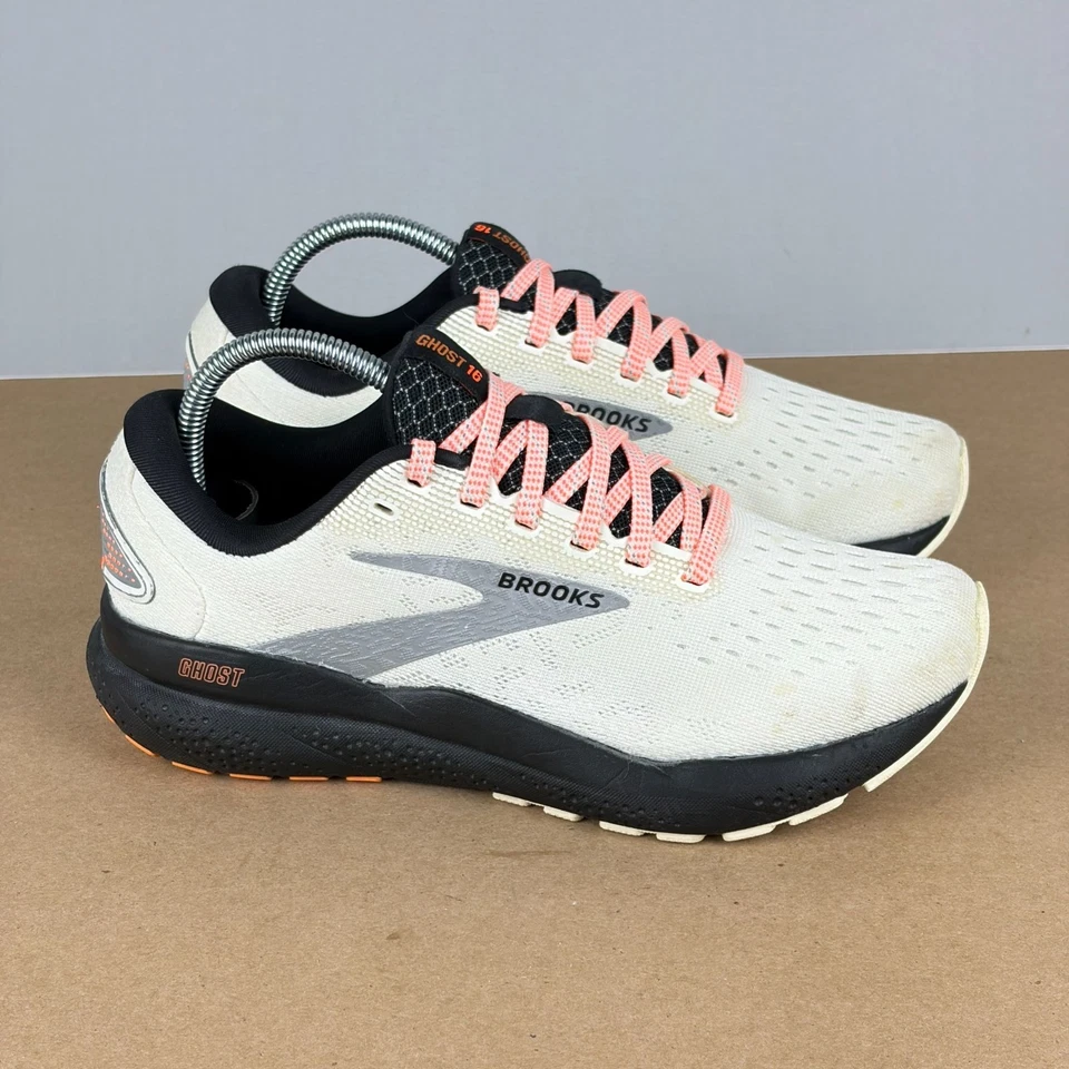 Brooks Ghost 16 Athletic Running Shoes Womens 6.5 White Pink Black Low Top - Image 3 of 4
