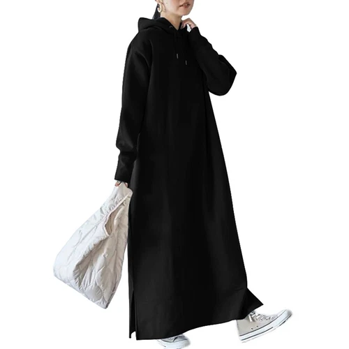 Damen Langarm Fleece Kapuze Locker Maxi Pullover Hoodies Sweatshirt Kleid - Bild 6 von 25