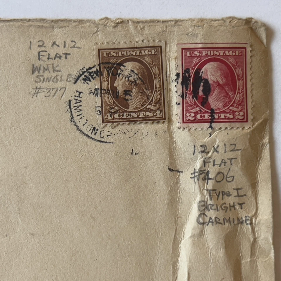 EARLY NY HAMILTON ORANGE STATION COVER STAMP #377 FLAT WMK, #406 TYPE I - Image 2 of 3