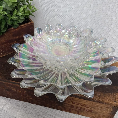 Vintage FEDERAL GLASS Iridescent Celestial Rainbow Clear Scalloped Bowl Set of 6