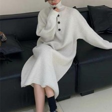 Women's Korean Knitting Dress Long Sleeve Casual Loose Button Long Skirt Fashion