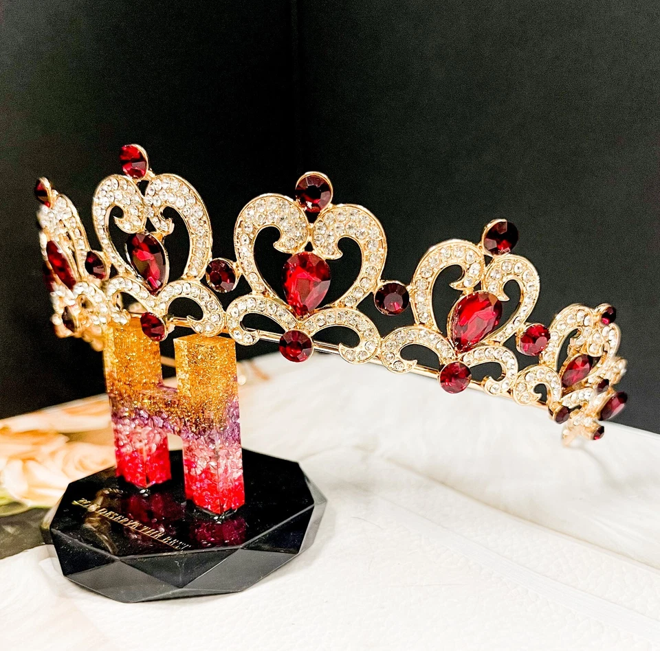 Burgundy Rhinestone Tiara, Girl's Gold tiara, Heart shape tiara, Princess tiara - Image 3 of 4