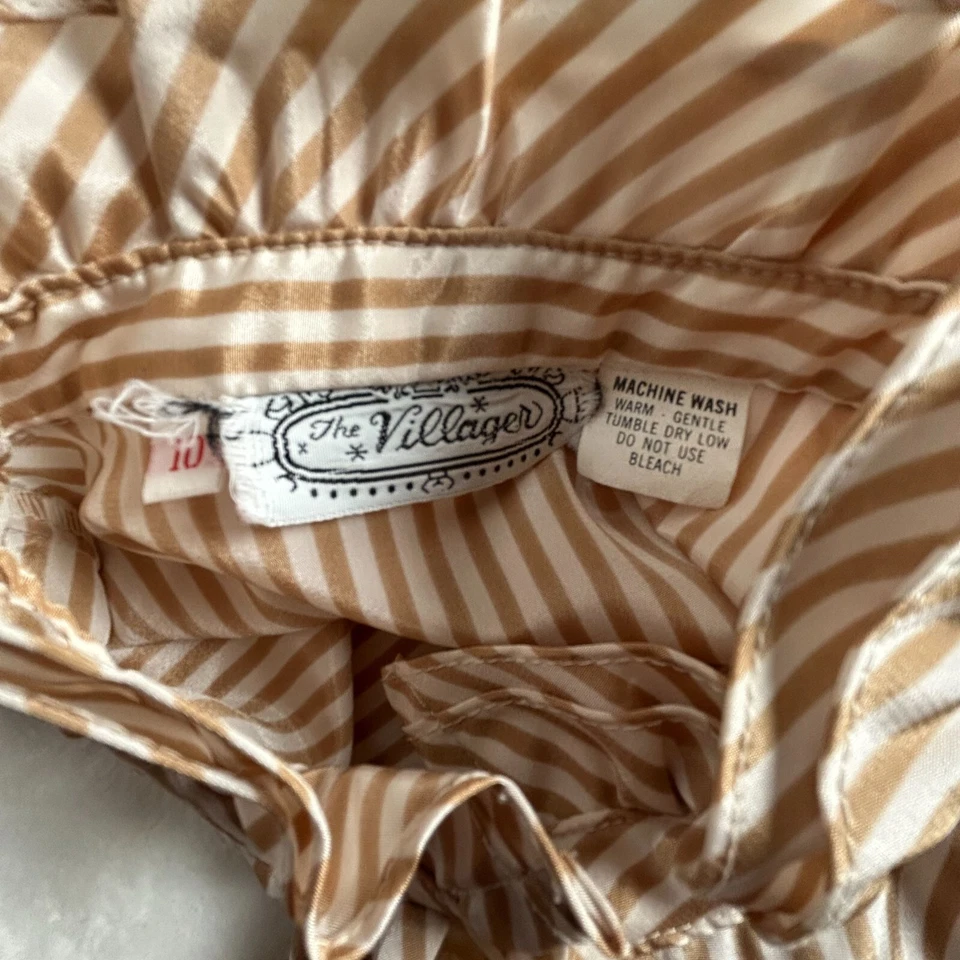 Blusa vintage The Villager para mujer beige blanca a rayas con botones y cuello atado talla 10 Foto 3 de 4