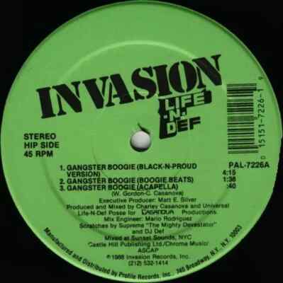 Life-N-Def Gangster Boogie Vinyl Single 12inch Invasion Recordings
