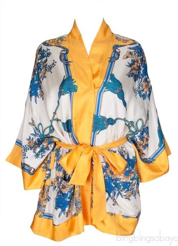 GUCCI Yellow & Blue Floral Printed Kimono Tunic Tie-Waist Blouse Size 44