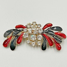 Vintage Red Black Enamel Leaf Brooch Gold Tone Clear Rhinestone Cluster Pin 2.5