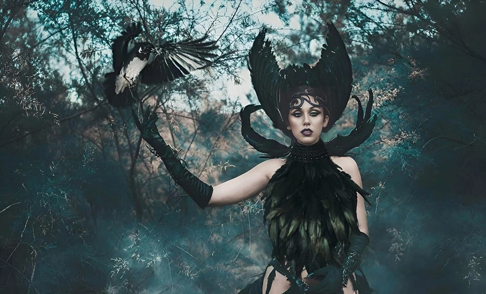 Fantasia xale cabo de pena colarinho asas bruxa adulto pescoço de corvo - Imagem 4 de 4