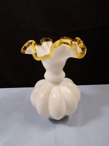 Fenton Milk Glass Gold Crest Melon Vase 6" Tall
