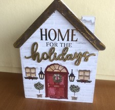Home for the Holidays Wooden 3-D Christmas Tabletop Sign Decor 8" Shiny Trim