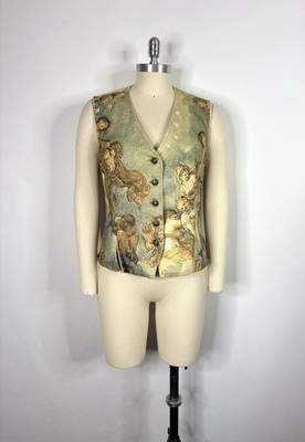 Vtg Roberto Cavalli 90s Angel Painting Print Denim Vest M