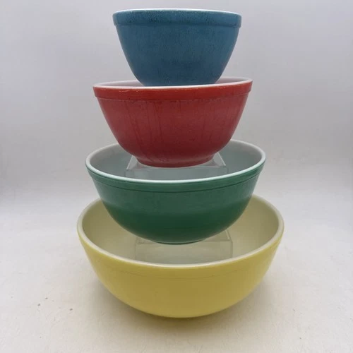 4 Vtg PYREX Primary Colors Mixing Bowls Complete Set 401, 402, 403, 404 VGUC