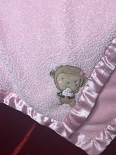 Carter's Child of Mine Pink Satin Trim Baby Blanket With Embroidered Monkey Soft