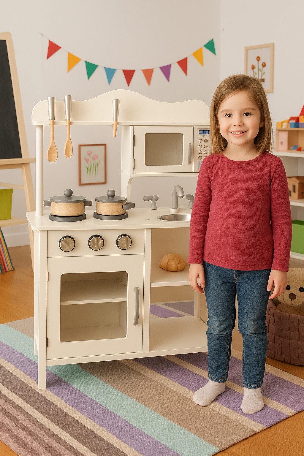 Cocina infantil de madera de Kiddikitchens en blanco o rosa más juego de cocina opcional