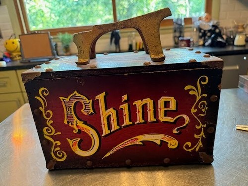 Vintage Wood and Metal Shoe Shine Box "5 Cent Shine" Circus Carnival Theme