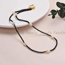 3mm Faceted Black Spinel Round Gems Beads Natural White Pearl Necklace 14-36''