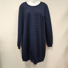 Mark Tunic Sweater Dress L Navy Textured Long Sleeve Houndstooth Old Money