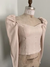 Cottagecore Blush Pink Cropped Bustier Peasant Blouse SZ M Puff Sleeves