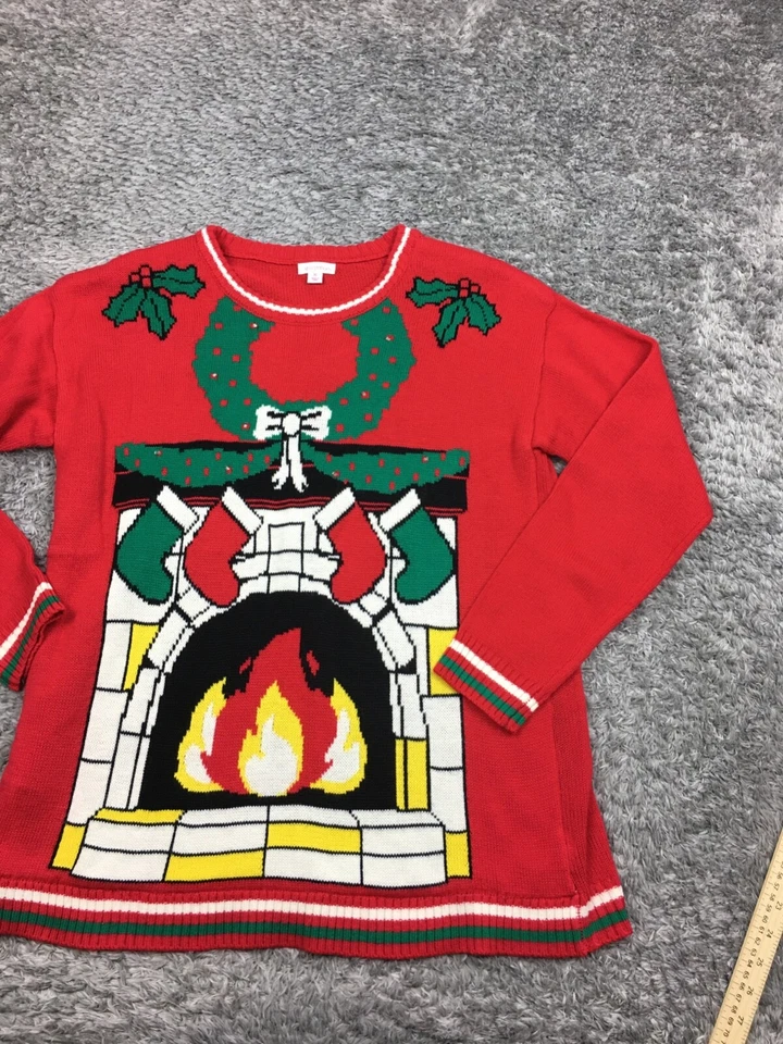 Suéter de Natal feminino Xhilaration tamanho XL vermelho lareira Papai Noel - Imagem 2 de 4