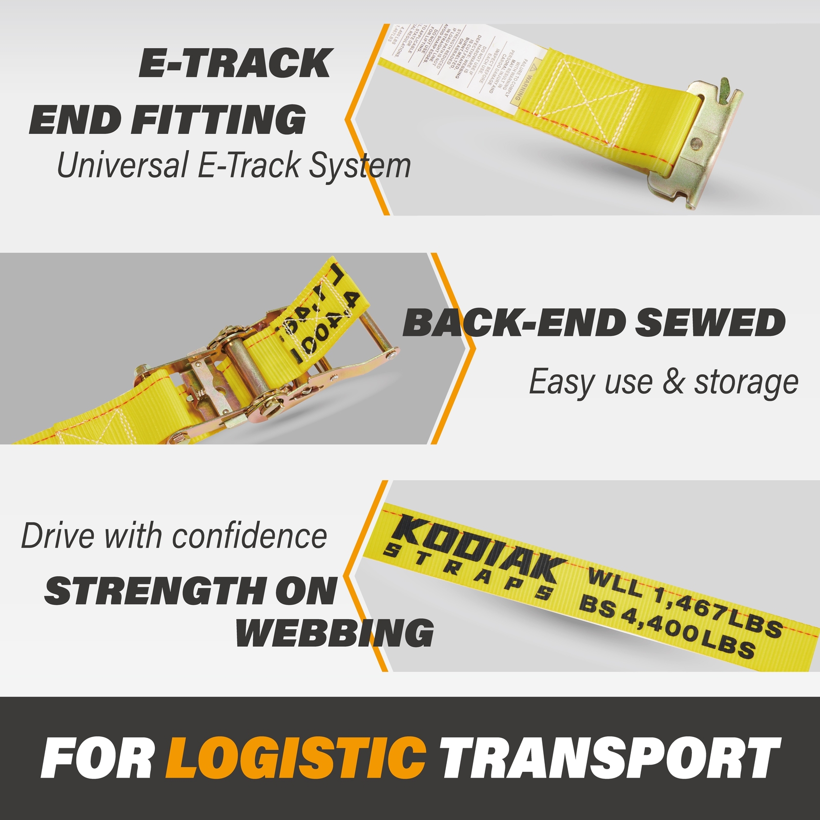 KODIAK 2 Pack 2"x20' E Track Ratchet Straps, Tie Down Straps, BS - 4400lbs