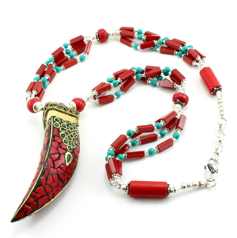 Anhänger Halskette Tibetischer Türkis Rot Quarz Edelstein Perlenschmuck 105 G... - Bild 3 von 3