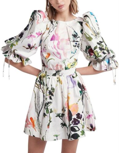 AJE Drift Dress Size AUS 10 / US 6 Botanic Floral Puff Sleeve Mini White BNWT - Picture 2 of 8