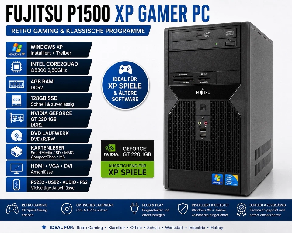 Windows XP Gamer 32bit Fujitsu P1500 Core2Quad 2.50GHz 128GB SSD 4GB COM DVD - Bild 1 von 4
