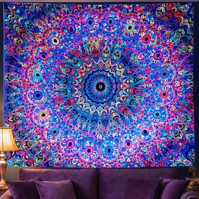 Blacklight Mandala Tapestry - UV Reactive Trippy Wall Art for Bedroom Decor, 59x