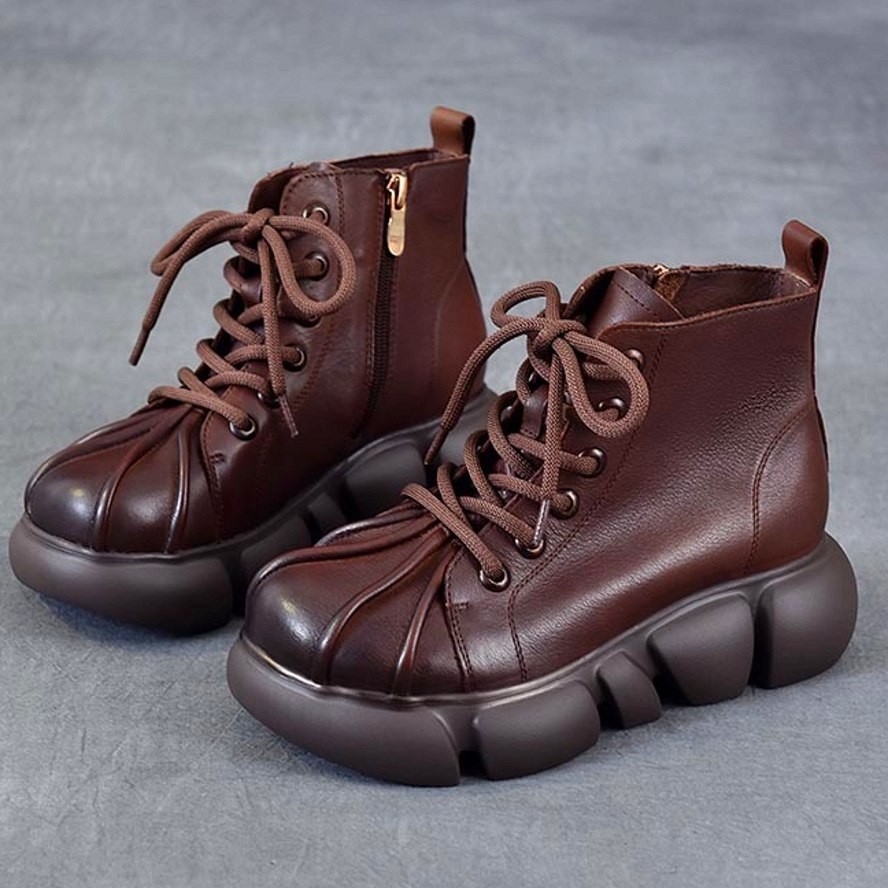 SAOLA Stivaletti donna suola spessa vera pelle plateau alto piatto creepers comodi