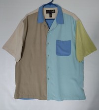Nat Nast Bowling Shirt Men's Large Button Up Silk Colorblock Blue Yellow Tan
