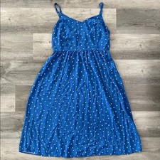 Old Navy Cami Midi V Neck Sun Dress Large Blue White Polka Dot Summer Ruching