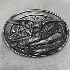Nocona Belt Buckle Silver American Flag Eagle Oval USA Western Cowboy Patina 4x3