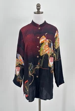 Citron Black Red Asian Print Silk Long Sleeve Button Tunic Top Sz M