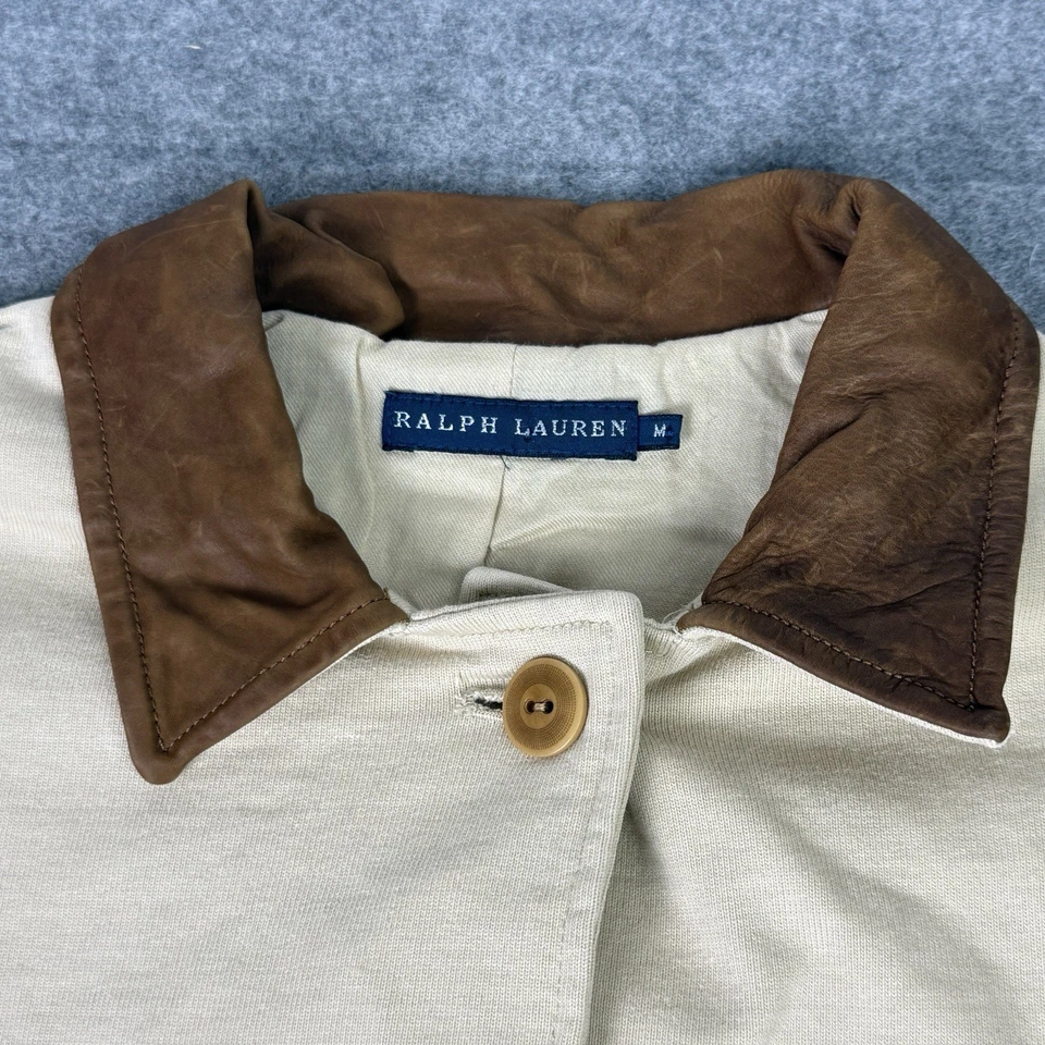 Chaqueta Ralph Lauren Mujer Mediana Beige Cuero Cuello Cinturón Abotonada Recortada Foto 3 de 4