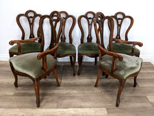 DINING CHAIRS 6 Walnut Balloon Back Rococo Green Velvet Pad Seat FREE DELIVERY