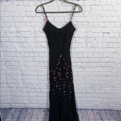 Cache Y2K Women Babydoll Silk Slip Maxi Dress Beaded Black Fairy Grunge Witchy 2