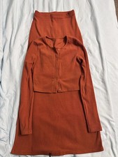 Women s Ribbed Two Piece Long Sleeve Button Front Top Matching Skirt Set