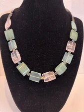 Necklace Green Chalcedony Pink Quartz Hematite Square Beads Silver Toggle Clsp