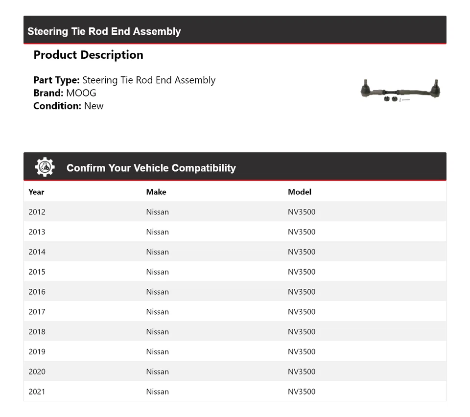 Conjunto de extremo de varilla de amarre de dirección para Nissan NV3500 2012-2021 MOOG 2012 2013 2014 Foto 2 de 4