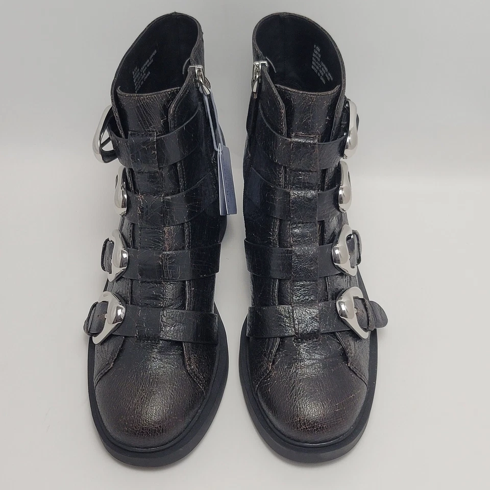 Botas de tornozelo aerossóis Gavyn multi fivela motociclista couro preto rachado tamanho 8.5 - Imagem 3 de 4