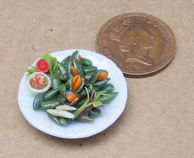 Puppenstube versilbertes Essen grüne Muscheln auf Keramik S Schale Maßstab 1:12 Tumdee