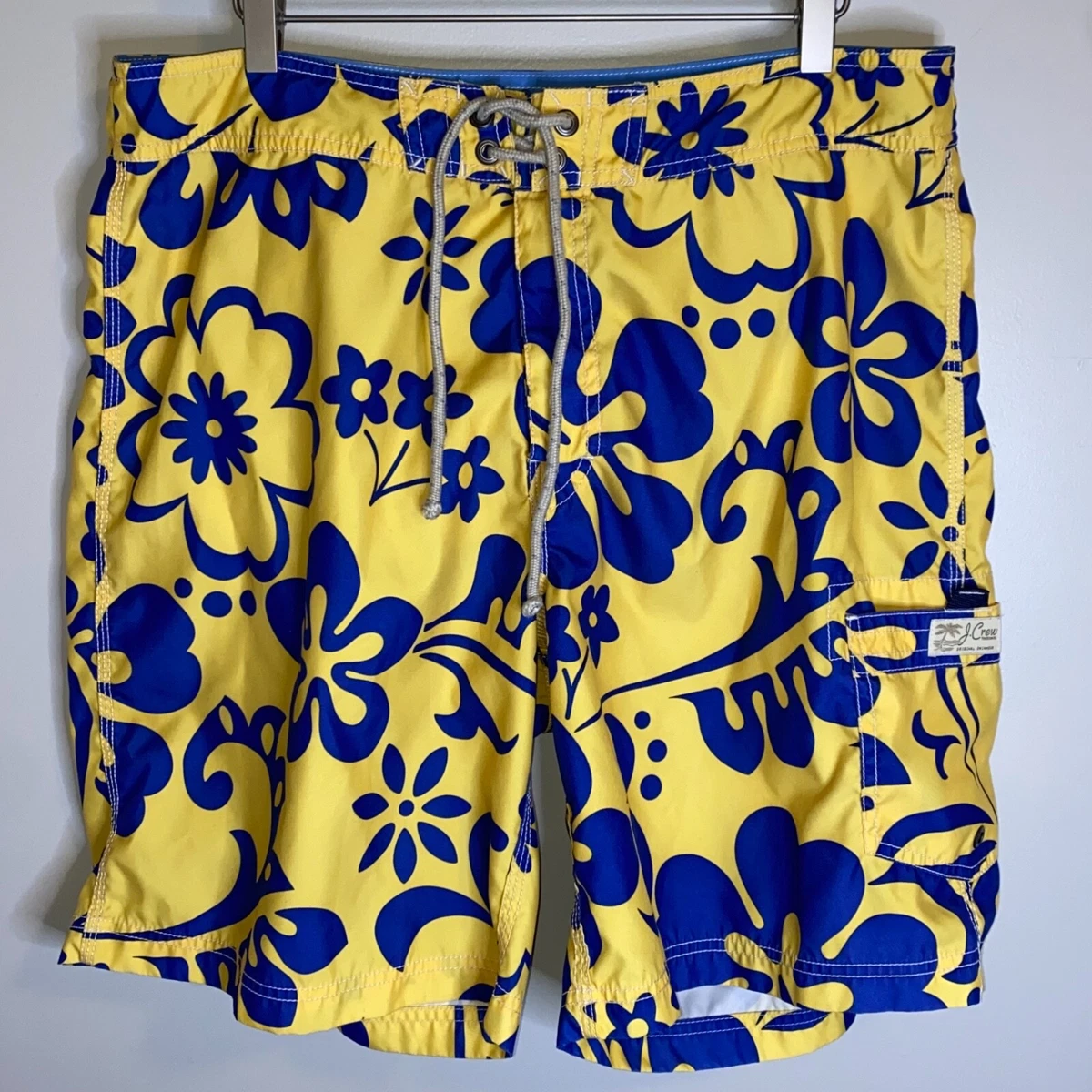 J Crew men s Hawaiian print floral yellow blue board shorts swim